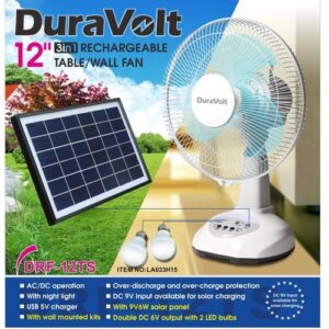 Duravolt 12 Inches 3in1 Rechargeable Table Fan+ 9V6W Panel+LED Bulbs DRF-12TS