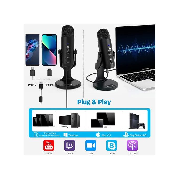 Condenser Microphone USB for Gaming, For PC Computer Streaming, Video Podcasting and Studio Recording - Image 3