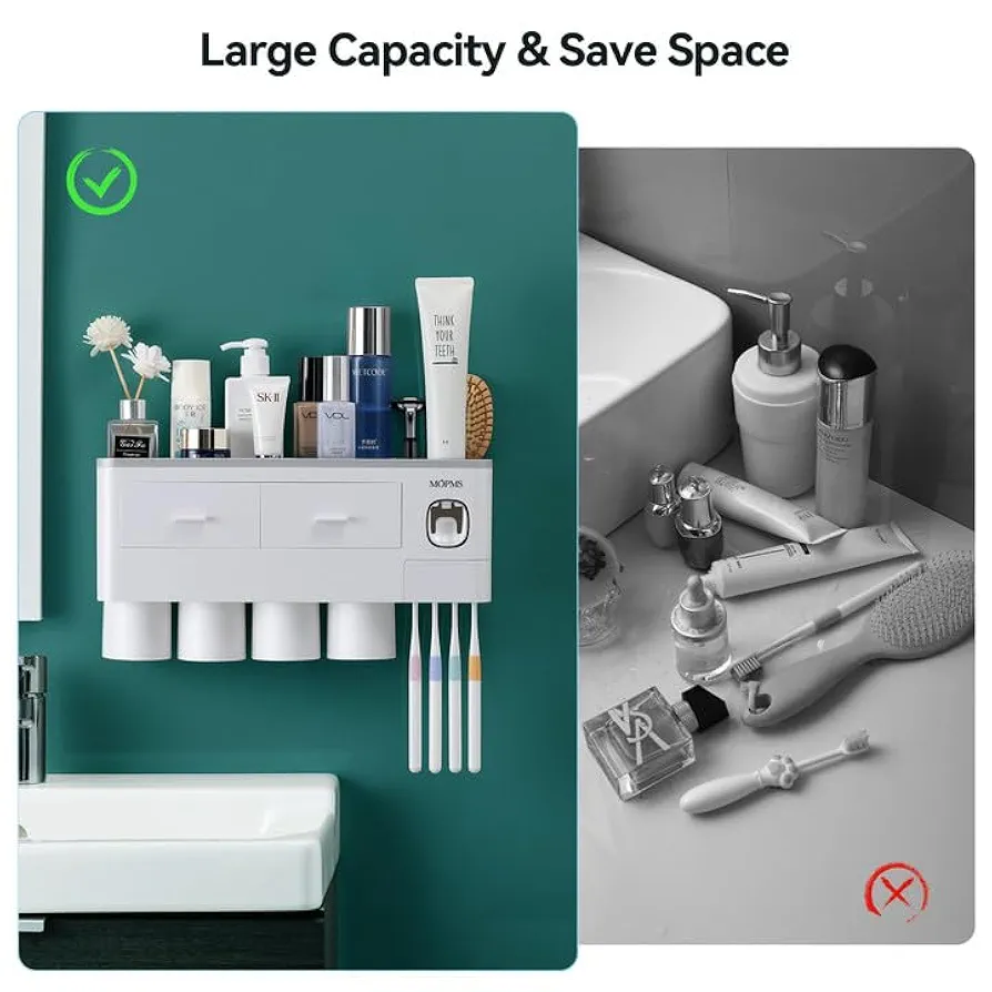 Toothbrush Holder Wall Rack Cups With Toothpaste Dispenser - Image 2