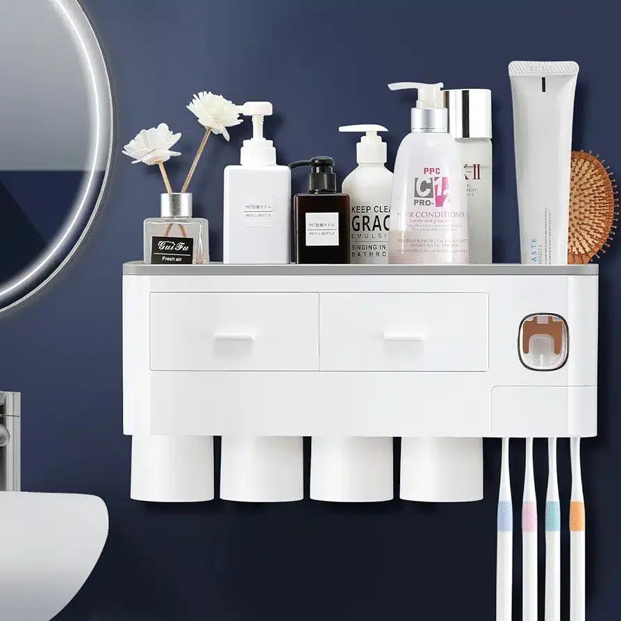 Toothbrush Holder Wall Rack Cups With Toothpaste Dispenser - Image 3