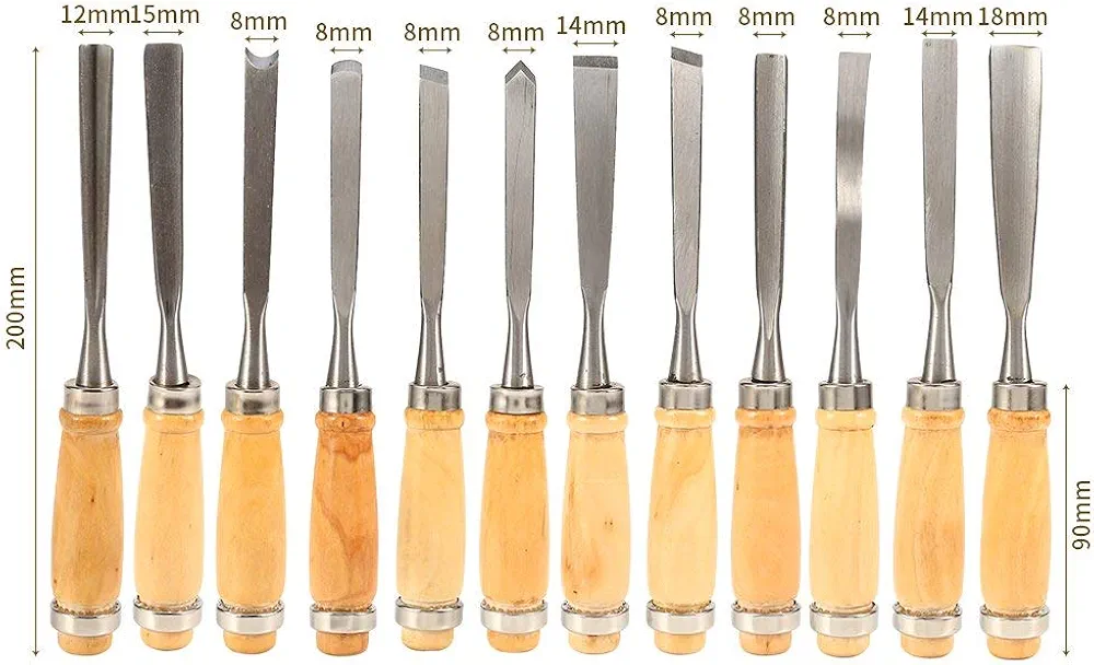 Professional 12 Piece Wood Carving Chisel Set 8" Sharp Hand Woodworking DIY Tools Knife Cutter Great for Beginners Multi-Shape - Image 3