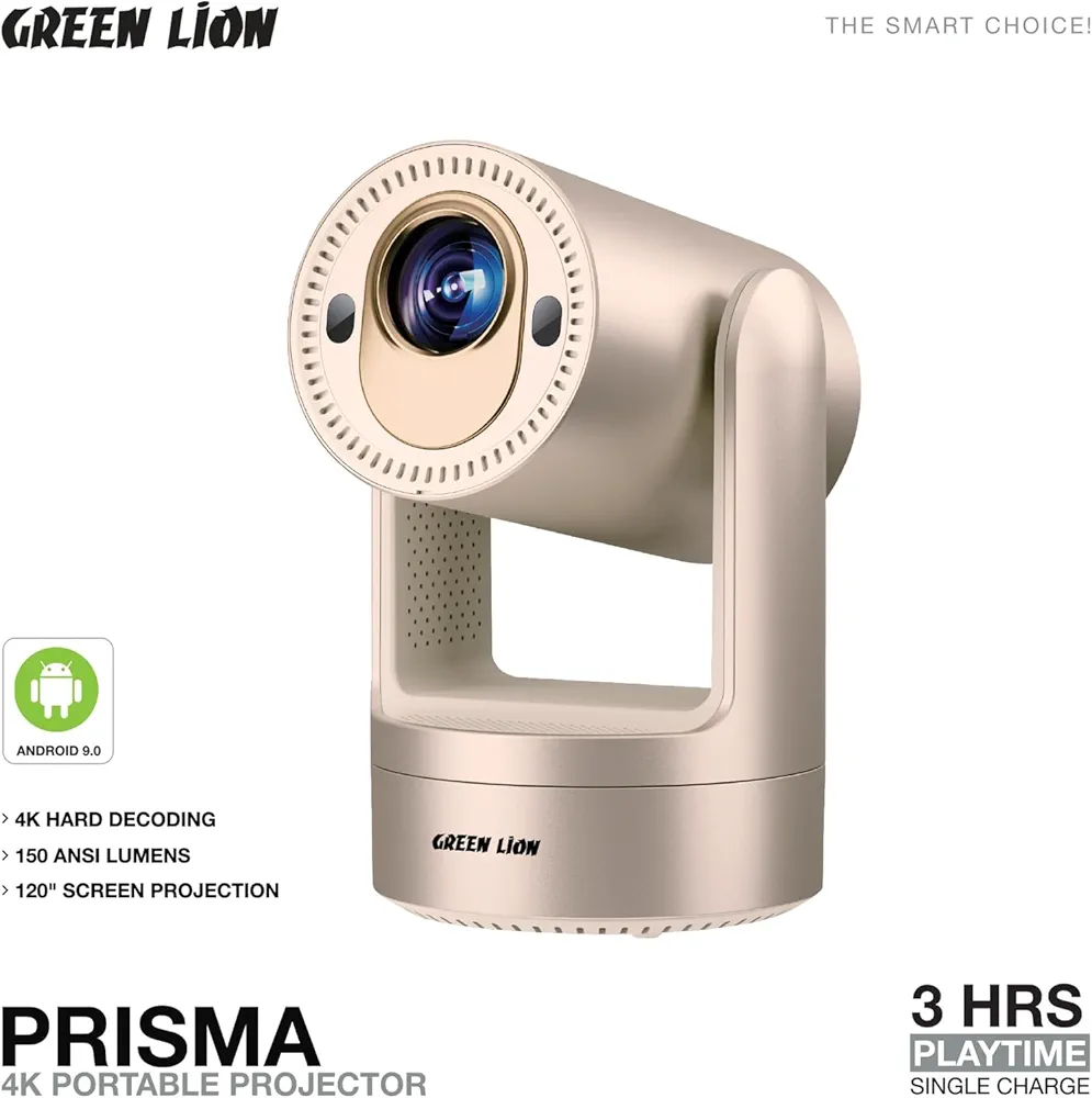 Green Lion Prisma Projector With 5200mahGreen Lion Prisma 4K Portable Projector with 5200mAh Battery & Speaker & Remote Control, 150 ANSI Lumens, Screen Mirroring, (HDMI, USB, WiFi, BT) Connectivity, Android 9.0 - Platinum Gold - Image 4
