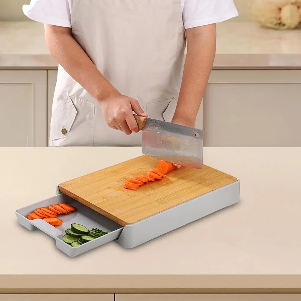 Multifunctional Wooden Cutting Board with Sliding Tray, Detachable Home Kitchen Chopping Board - Image 3