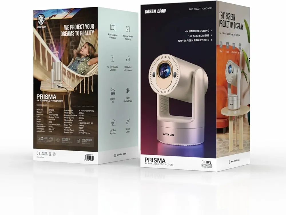 Green Lion Prisma Projector With 5200mahGreen Lion Prisma 4K Portable Projector with 5200mAh Battery & Speaker & Remote Control, 150 ANSI Lumens, Screen Mirroring, (HDMI, USB, WiFi, BT) Connectivity, Android 9.0 - Platinum Gold - Image 2