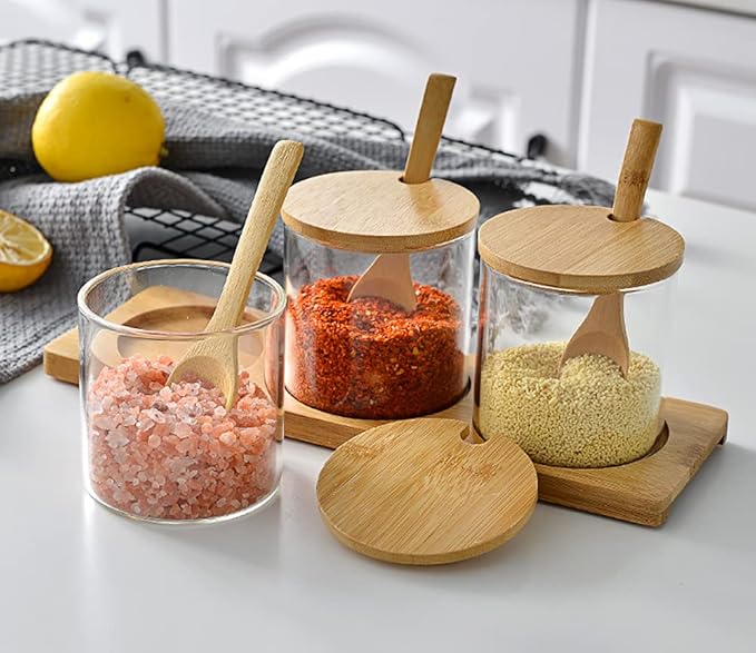 Set of 3 Condiment Jar with Lids and Spoons - - Image 2