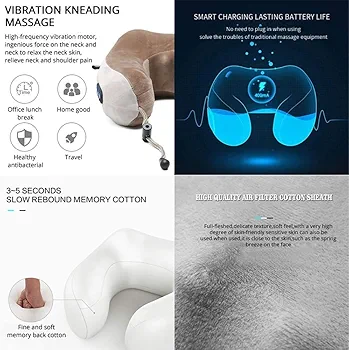 ELTERAZONE Electric Travel Neck Massage Pillow, U Shaped Memory Foam Kneading Vibration Neck Head Support Pillow, Relief Cervical Pain, For Airplane, Train, Car - Image 4
