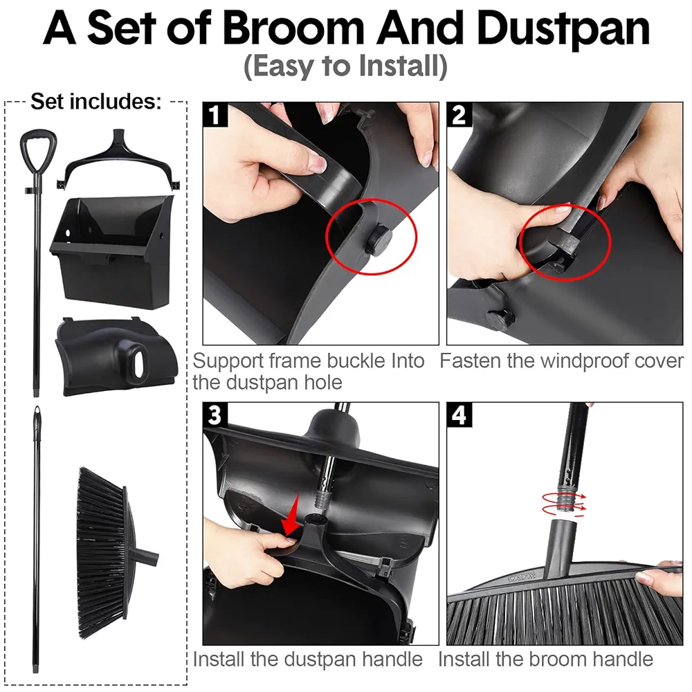 Broom and Dustpan Set Windproof Dustpan with Broom Set Heavy Duty Commercial Angle Combo Lobby Dust Pan Sweep Set for Outdoor Indoor Home Office Garage Courtyard - Image 5