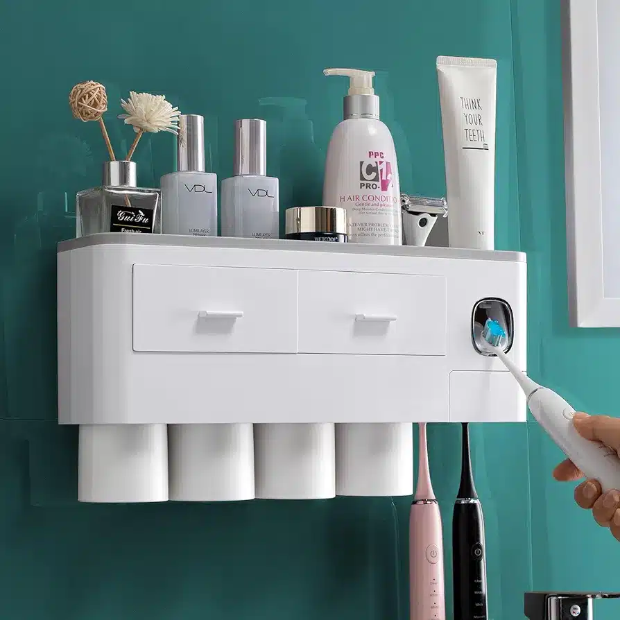 Toothbrush Holder Wall Rack Cups With Toothpaste Dispenser - Image 4