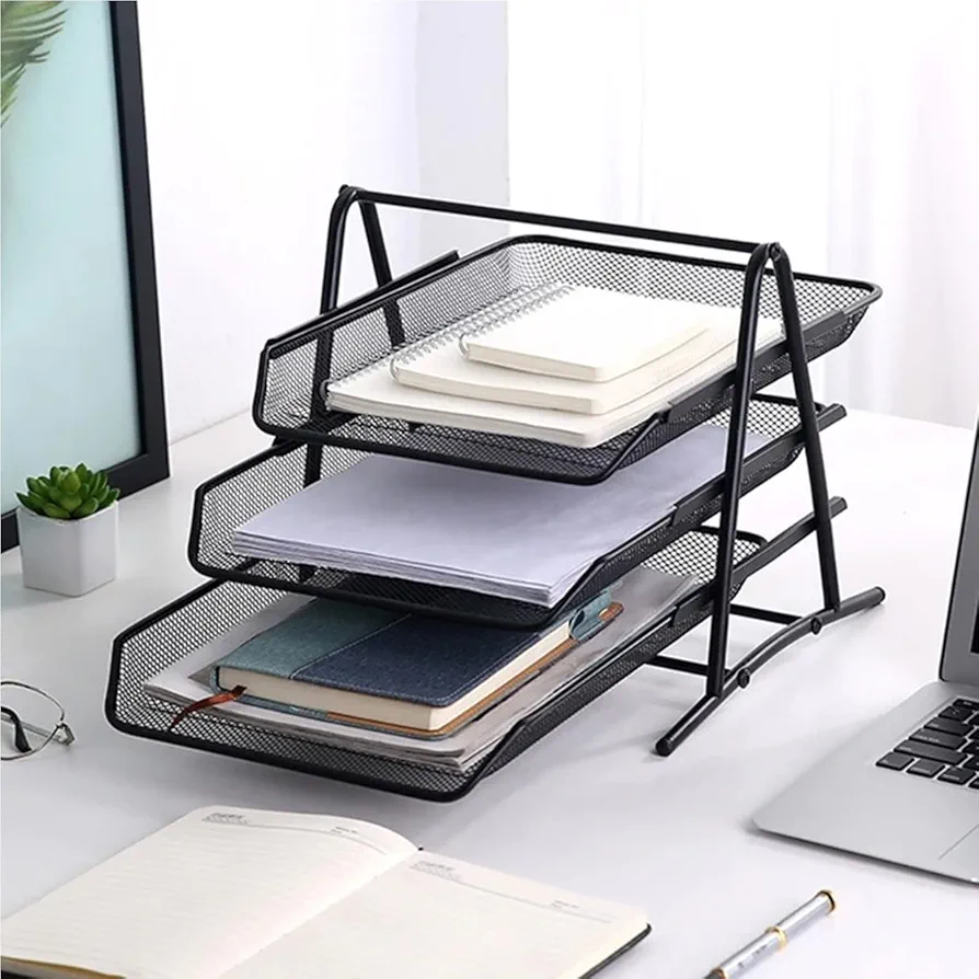 SLEEC Mesh Desk Organiser 3 Tier Paper Tray Letter Storage Office Organiser Paper Tray Document File Organisers Desk Organiser Tray Desk Trays Office A4 Filling tray paper Holder For Desk in trayDesigned to perfectionCompact construction - Image 3