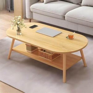 2-Tier Modern Coffee Table, Solid Oak Table Legs, Oval Mid Century Coffee Table with Storage Shelf for Small Apartment Living Room