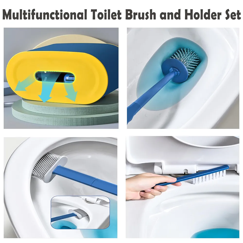 Toilet Brush Blue Silicone 3-in-1 Toilet Brushes & Holder Blue Stuff in Bathroom Toilet Brush Set Standing or Wall Mounted Bathroom Accessories Home Bathroom Must Have Toilet Brush - Image 2
