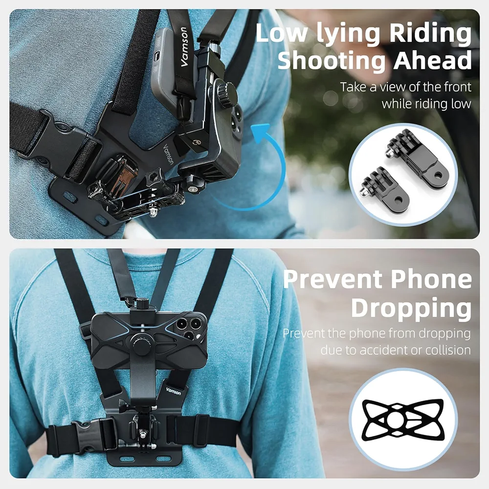Mobile Phone Chest Mount Harness Strap Cell Phone Holder Mount for Video Recording Bike/Kayak/Fishing/Skateboard POV/VLOG for iPhone/Samsung for GoPro Hero 11 10 9 8/Insta360/DJI Action Camera Vamson StoreVamson Phone Chest Mount - Image 2