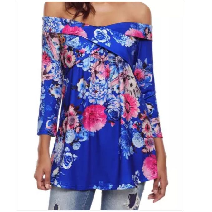 Blue Floral Off Shoulder Crisscross Top - Image 2