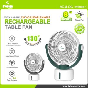 Iwin 8 Inches Rechargeable Rotating Fan With LED Light