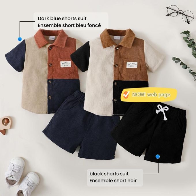 Catpapa 1-6Years Kids Boy Boyurn-Down Collor Top + Shorts-black shorts set - Image 2