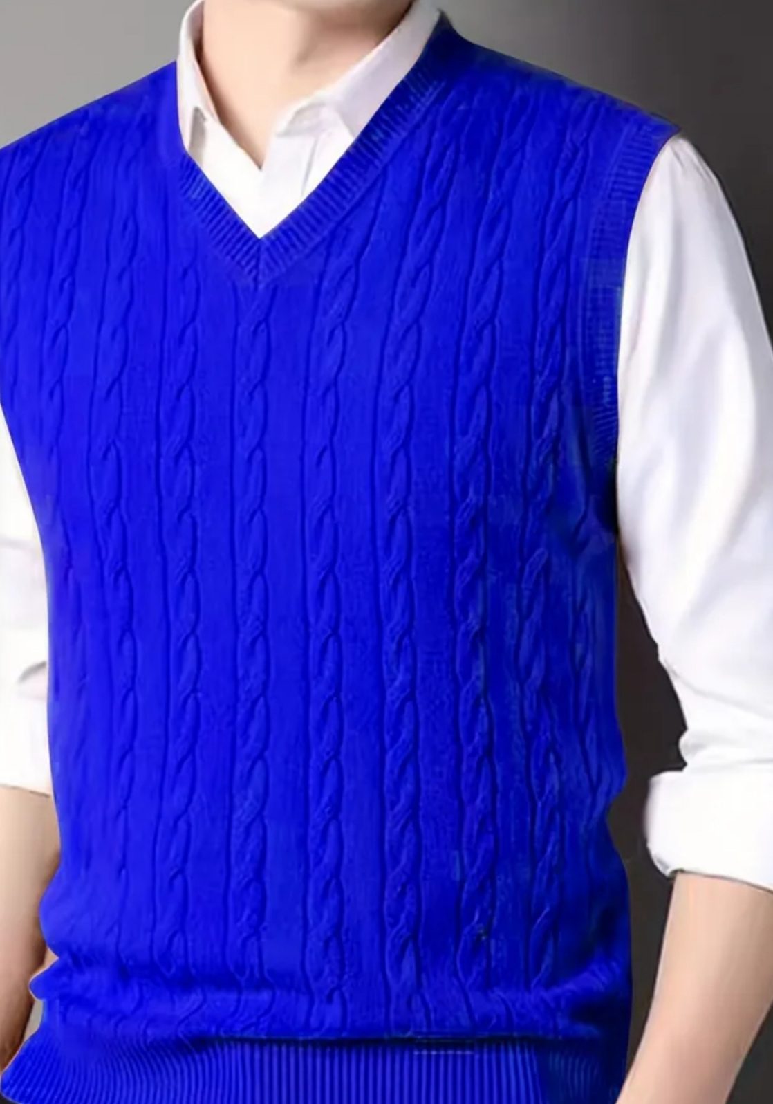 vibrant blue Men's V-Neck Cable-Knit Sweater Vest. - Image 3