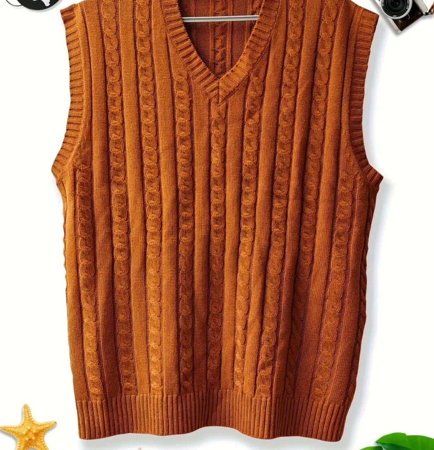 vibrant brown Men's V-Neck Cable-Knit Sweater Vest. - Image 2
