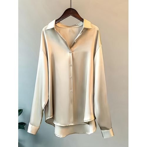 Women Solid Satin Lapel Long Sleeve - Image 4